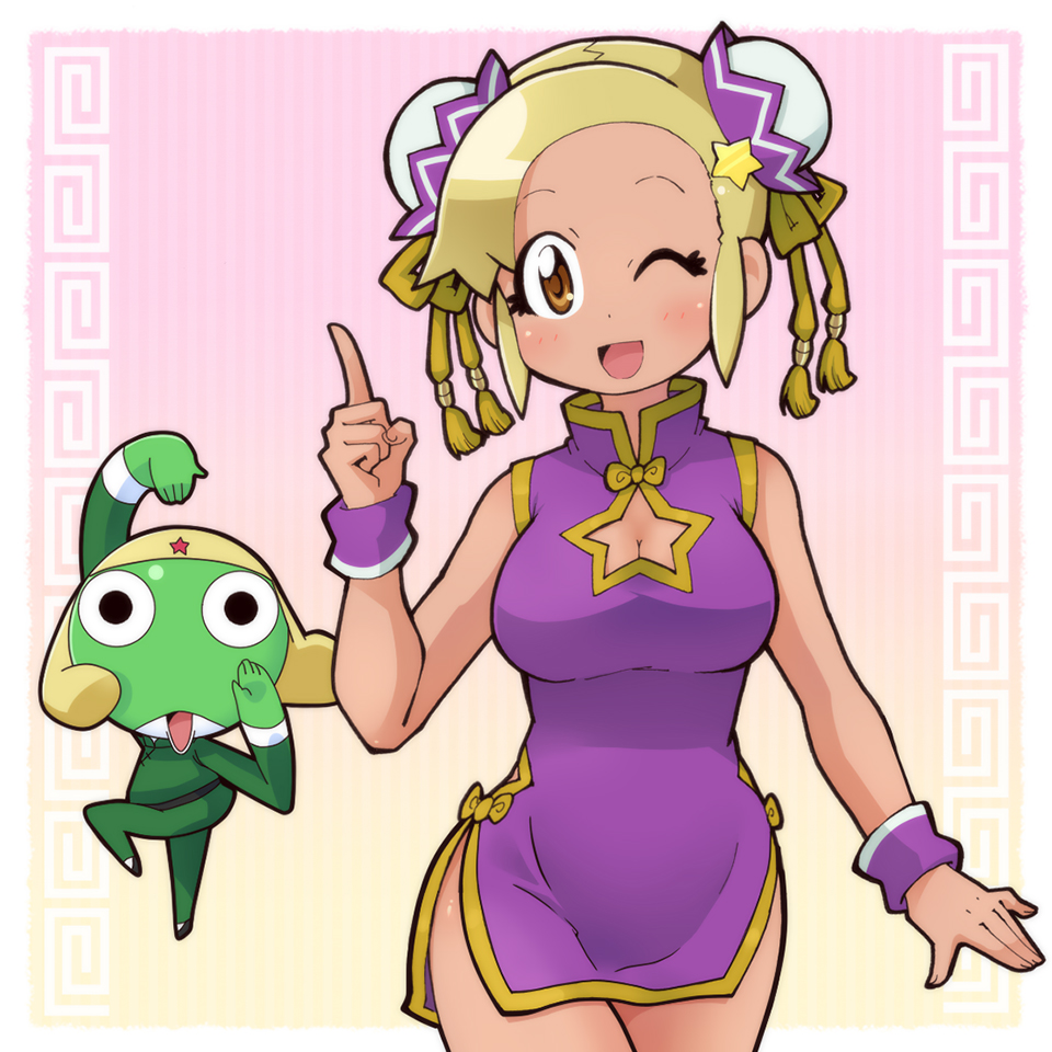 1boy 1girl angol_mois blonde_hair brown_eyes china_dress chinese_clothes dark-skinned_female dark_skin dress gyaru hair_ornament hairclip hakkatou keroro keroro_gunsou