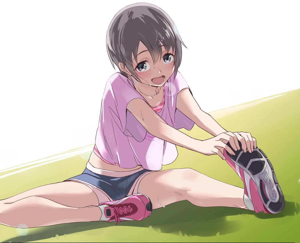 10s 1girl female_focus grey_hair idolmaster idolmaster_cinderella_girls kawaty looking_at_viewer open_mouth otokura_yuuki see-through_clothes shoes short_hair shorts sitting solo stretching sweat