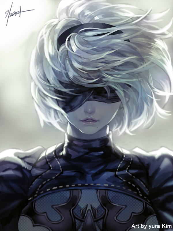 1girl 2b_(nier:automata) artist_name black_dress blindfold blurry breasts cleavage depth_of_field dress female_focus hairband kim_yura_(goddess_mechanic) lips md5_mismatch mole mole_under_mouth nier:automata nier_(series) parted_lips resolution_mismatch signature silver_hair solo source_smaller