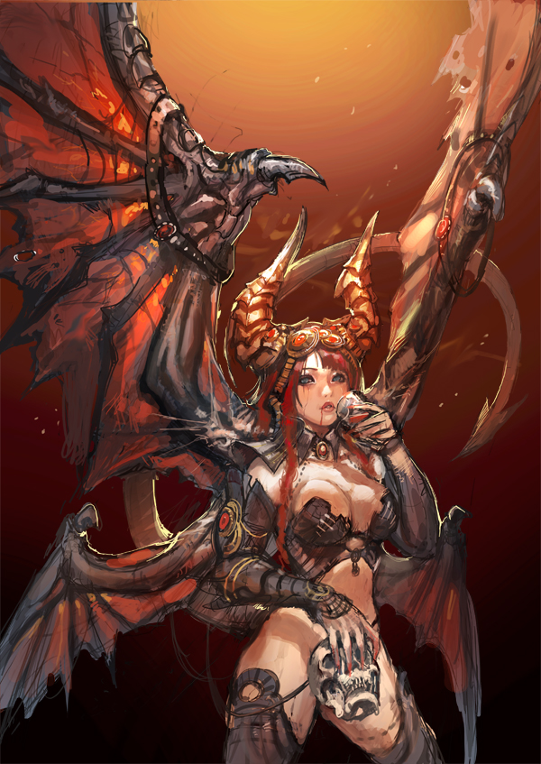 1girl armor bikini_armor blue_eyes breasts cleavage cup demon_girl demon_horns female_focus horns image_sample lips multiple_wings naver_sample no_panties red_hair shaonav skull solo tail wings