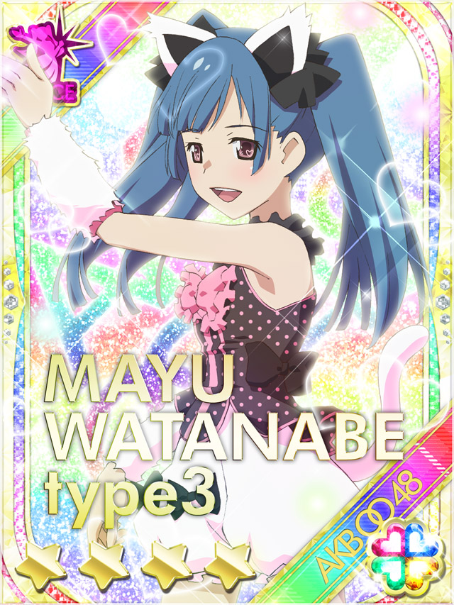 1girl :d akb0048 animal_ears black_bow blue_hair bow camisole cat_ears cat_tail character_name cowboy_shot fake_animal_ears fake_tail from_side hair_bow heart long_hair looking_at_viewer non-web_source official_art open_mouth pink_bow polka_dot_camisole puffy_shorts purple_eyes shorts smile solo sparkle standing star_(symbol) tail teeth twintails upper_teeth_only watanabe_mayu_(akb0048) white_shorts white_tail