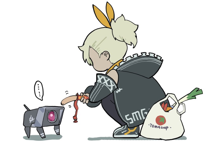 ... 1girl bag check_commentary chinese_commentary commentary_request dark-skinned_female dark_skin detached_sleeves dinergate_(girls&#039;_frontline) food girls&#039;_frontline giving grey_hair grocery_bag hair_ribbon jacket klin_(girls&#039;_frontline) spring_onion medium_hair motion_lines plastic_bag ponytail ribbon robot sangvis_ferri sausage shoes shopping_bag short_ponytail simple_background sleeveless sleeveless_jacket sneakers solo_focus spoken_ellipsis squatting unwrapped waterkuma white_background zipper