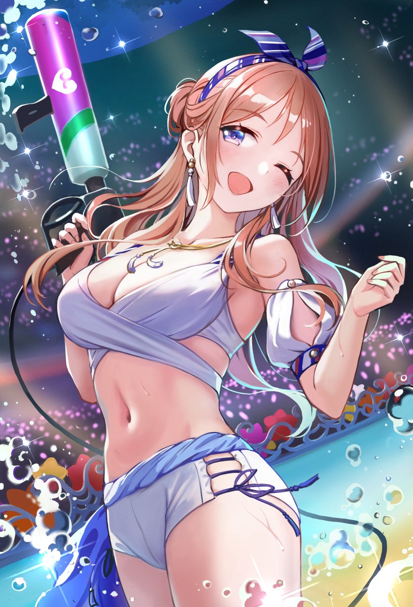 1girl bikini blue_eyes blue_ribbon blush breasts brown_hair detached_sleeves earrings fanged_bangs gakuen_idolmaster hair_bun highres himesaki_rinami holding holding_water_gun idolmaster jewelry large_breasts long_hair looking_at_viewer navel necklace official_alternate_costume one_eye_closed puffy_short_sleeves puffy_sleeves ribbon short_sleeves shorts side-tie_shorts side_up_bun smile solo standing super_soaker swimsuit tuna_picture water water_gun white_shorts