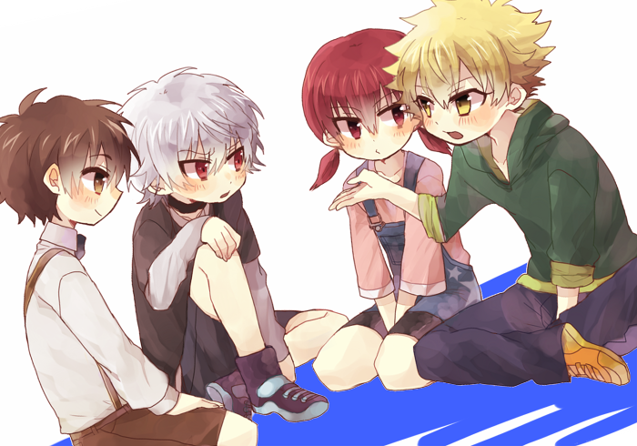 1girl 3boys accelerator_(toaru_majutsu_no_index) aged_down blonde_hair brown_eyes brown_hair child etzali hood hoodie long_hair multiple_boys musujime_awaki niwatoriko overalls red_eyes red_hair short_hair suspenders toaru_majutsu_no_index tsuchimikado_motoharu twintails unabara_mitsuki white_hair yellow_eyes