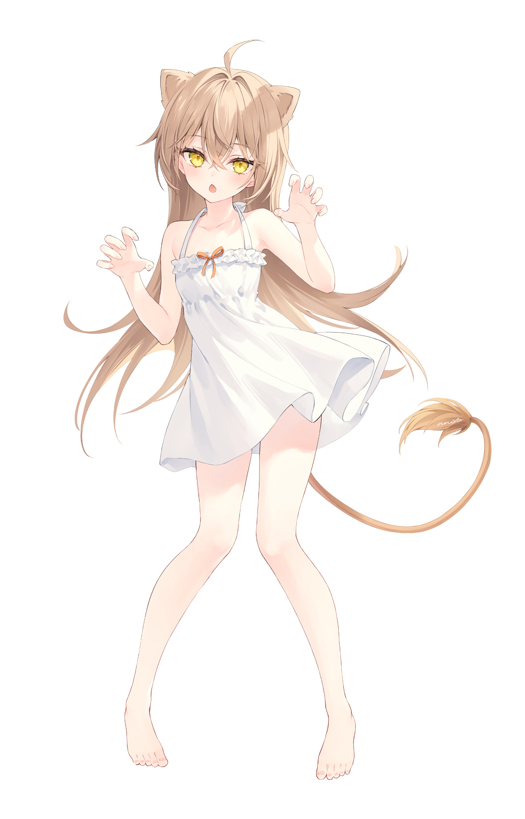 1girl animal_ears barefoot brown_hair dress full_body highres indie_virtual_youtuber lion_ears lion_tail long_hair open_mouth paw_pose rurudo rurudo_lion solo standing tail virtual_youtuber white_background white_dress yellow_eyes