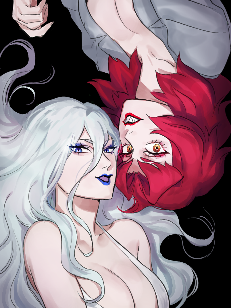 2girls anagosamaeru bare_shoulders black_background blue_eyes blue_lips breasts cleavage collarbone devilman devilman_crybaby eyeshadow grey_hair grin hair_between_eyes jacket large_breasts lips lipstick long_hair looking_at_viewer makeup medium_hair multiple_girls parted_bangs psycho_jenny red_hair red_lips sharp_teeth simple_background siren_(devilman) sleeveless smile teeth upper_body upside-down yellow_eyes