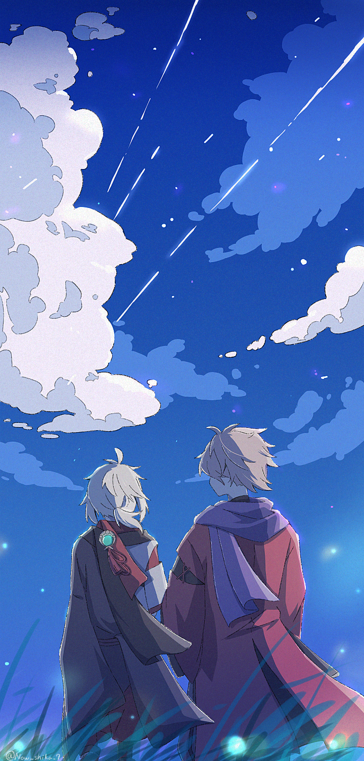 2boys antenna_hair artist_name asymmetrical_sleeves black_haori black_kimono black_scarf blue_scarf blue_sky brown_hair cloud cloudy_sky commentary_request day facing_away from_behind genshin_impact grass haori high_ponytail highres japanese_clothes kaedehara_kazuha kazuha&#039;s_friend_(genshin_impact) kimono long_sleeves low_ponytail male_focus medium_hair mismatched_sleeves multiple_boys now_shika outdoors ponytail red_haori red_scarf scarf short_sleeves sidelocks sky standing tassel twitter_username uneven_sleeves vision_(genshin_impact) white_hair white_kimono wide_sleeves