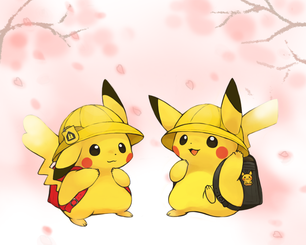 animal_focus backpack bag black_eyes bright_pupils charm_(object) commentary_request creatures_(company) full_body game_freak gen_1_pokemon hat konanbo nintendo no_humans open_mouth petals pikachu pink_petals pokemon pokemon_(creature) smile tail tree white_pupils yellow_hat