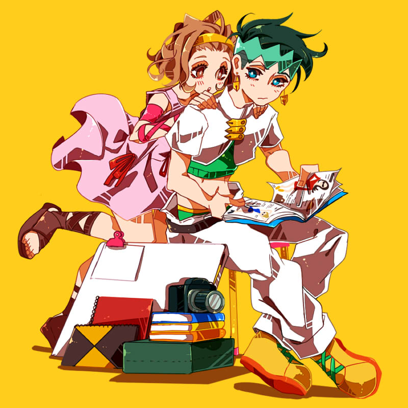 1boy 1girl black_hair blue_eyes brown_eyes brown_hair camera dress earrings green_eyes green_hair hairband headband hikaru_(hkr3224) jewelry jojo_no_kimyou_na_bouken kishibe_rohan midriff reading sandals short_hair sugimoto_reimi