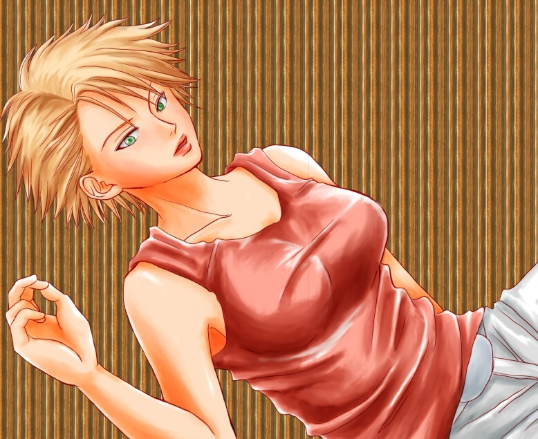 1girl asta_(hunter_x_hunter) breasts female_focus green_eyes hunter_x_hunter kasai_(boukyaku_gi) large_breasts orange_hair short_hair solo tank_top