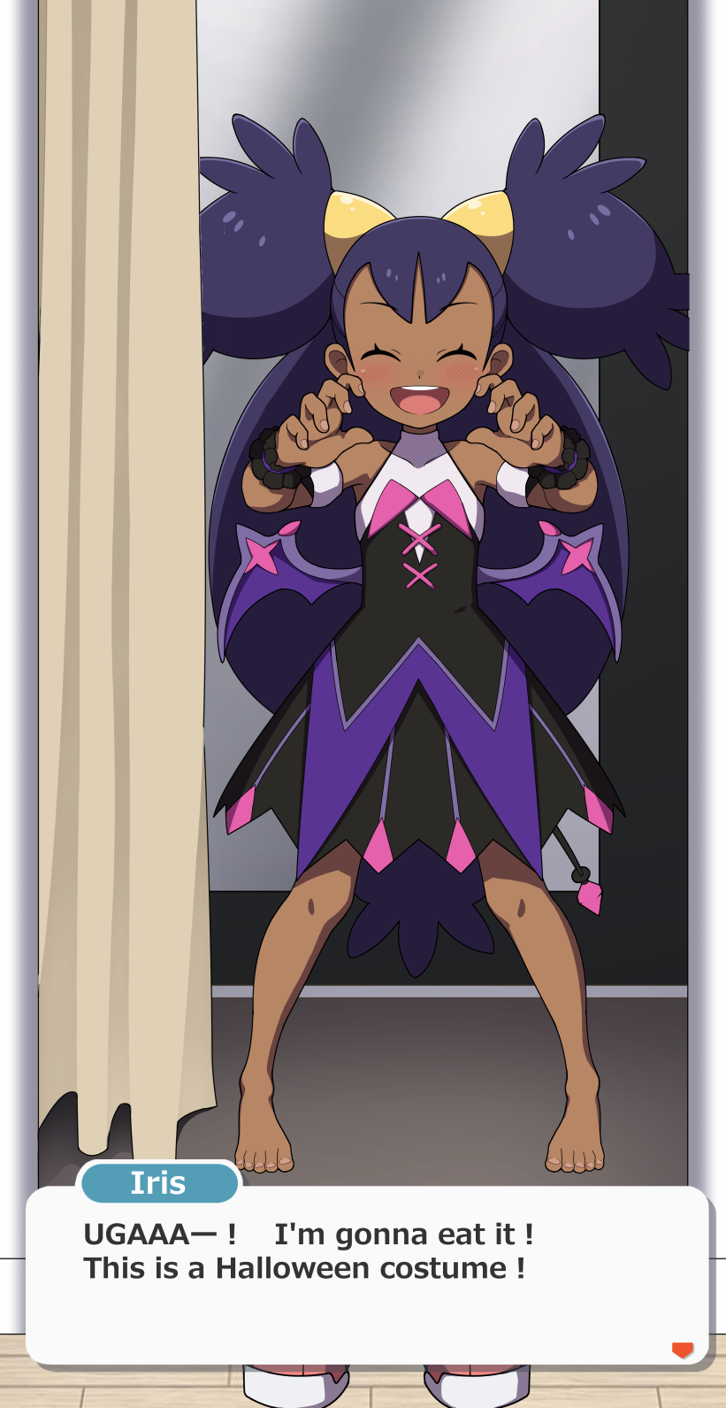 1girl barefoot closed_eyes creatures_(company) dark-skinned_female dark_skin english_text game_freak halloween_costume highres iris_(fall_2022)_(pokemon) iris_(pokemon) kohatsuka looking_at_viewer nintendo pokemon pokemon_masters_ex purple_hair shoes toes twintails unworn_footwear unworn_shoes