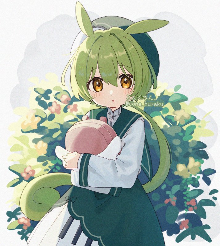 1girl :o antenna_hair artist_name bag blush bush commentary_request corn_kuten cowboy_shot dot_nose dress film_grain green_dress green_hair hair_between_eyes holding holding_bag long_hair long_sleeves low_ponytail pink_bag solo straight-on twitter_username voiceroid wide_sleeves yellow_eyes zundamon