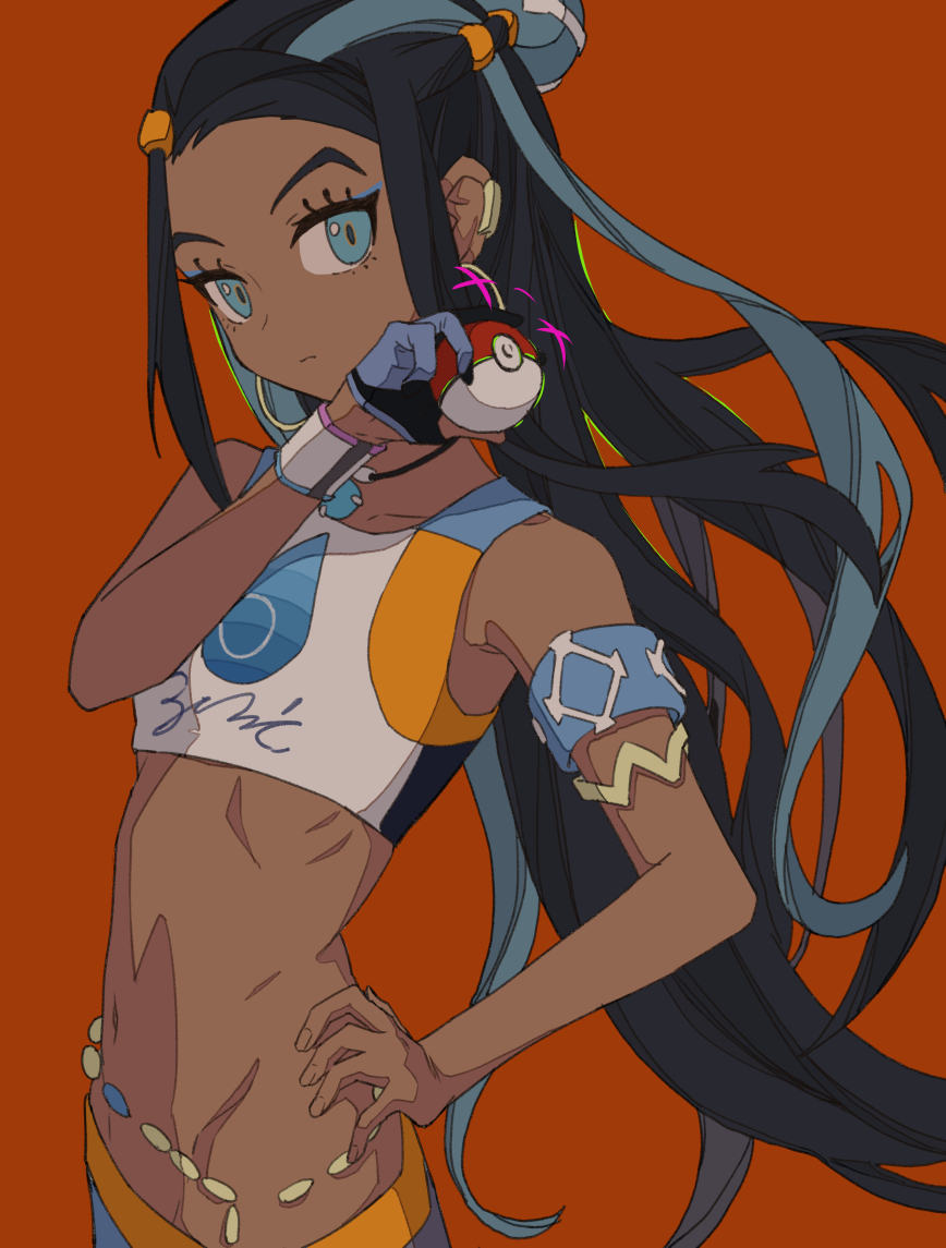 1girl armband armlet black_hair blue_eyes blue_hair creatures_(company) dark-skinned_female dark_skin earclip earrings eyelashes eyeshadow female_focus game_freak gloves hand_on_own_hip holding holding_poke_ball hoop_earrings jewelry long_hair makeup multicolored_hair navel necklace nessa_(pokemon) nintendo poke_ball poke_ball_(basic) pokemon pokemon_swsh red_background simple_background skinny solo sports_bikini two-tone_hair yu_yin