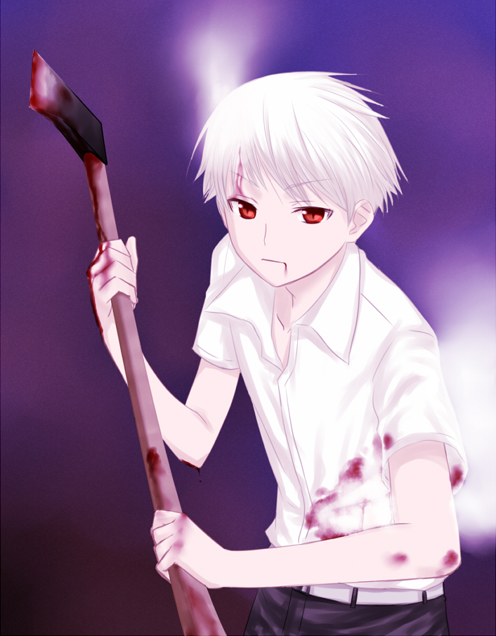 1boy axe blood gradient_background hiyorimi_hiro kaibutsu_oujo male_focus red_eyes shirt short_hair solo soramoto steam torn_clothes weapon white_hair