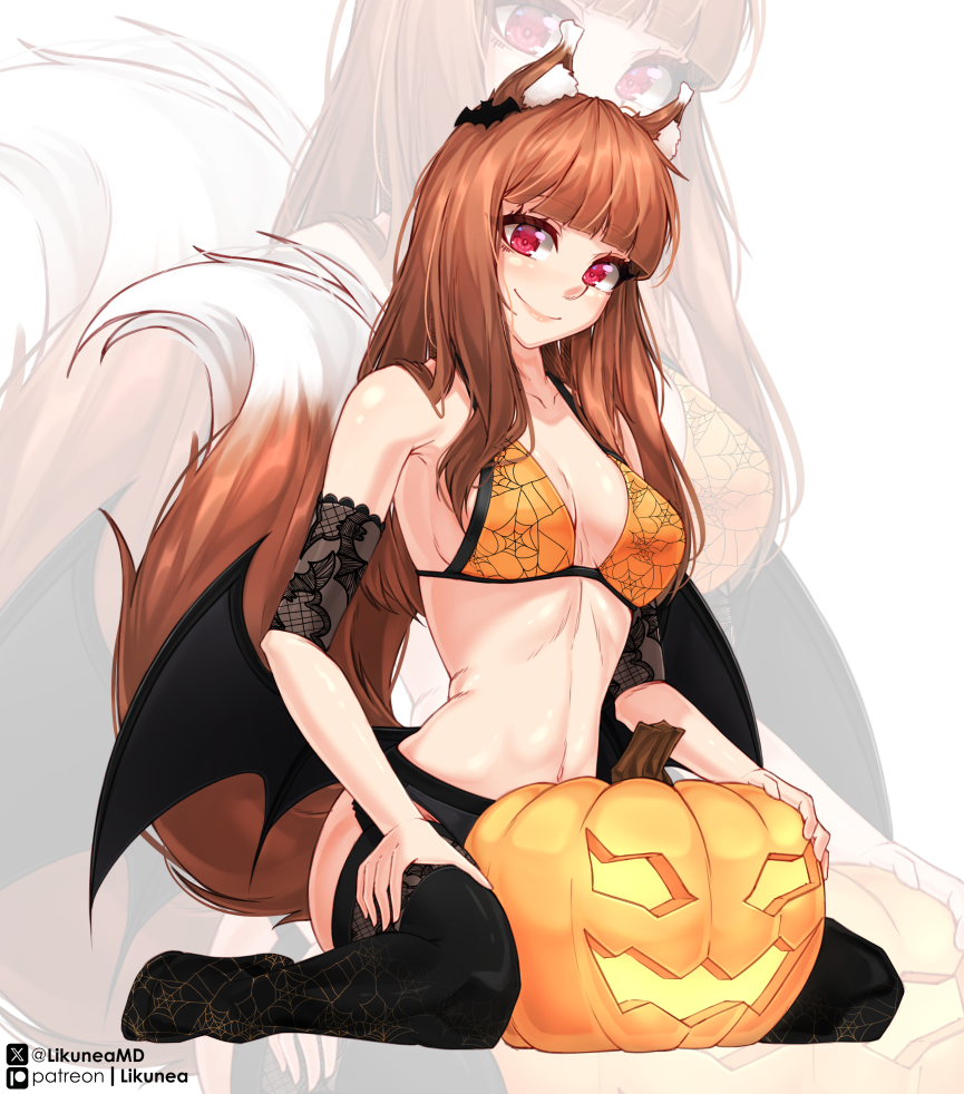 1girl animal_ears armband bat_wings black_armband black_panties black_thighhighs bra breasts breasts_apart brown_hair closed_mouth collarbone full_body halloween holo jack-o&#039;-lantern lace_armband likunea long_hair looking_at_viewer low_wings medium_breasts navel orange_bra paid_reward_available panties patreon_username print_bra red_eyes sitting smile solo spice_and_wolf spider_web_print tail thighhighs twitter_username underwear wariza wings wolf_ears wolf_girl wolf_tail zoom_layer