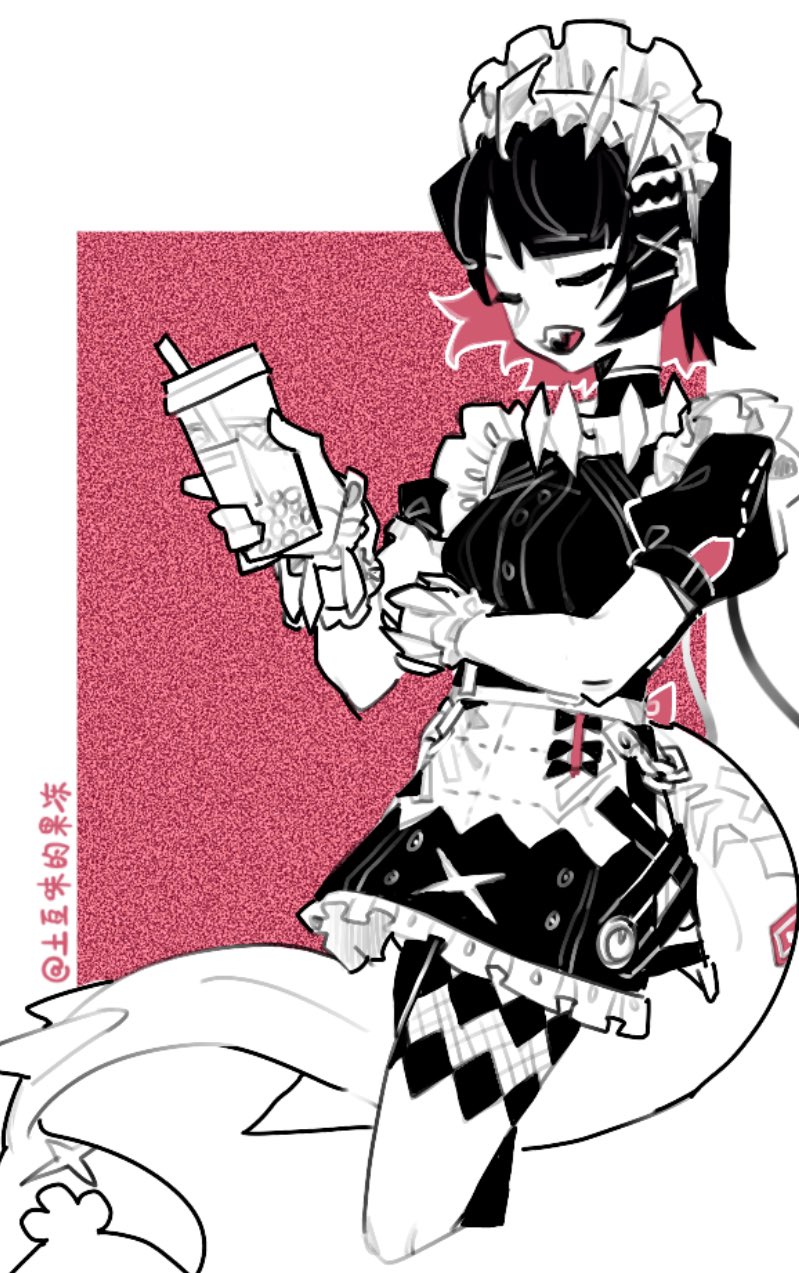 1girl bubble_tea closed_eyes colored_inner_hair cup disposable_cup ellen_joe fins fish_tail greyscale_with_colored_background highres holding holding_cup maid_headdress metal_hairband multicolored_hair open_mouth pink_background scar scar_on_tail shark_girl shark_tail sharp_teeth short_hair sidelocks solo spiked_headband tail teeth tudouwei_de_guodong zenless_zone_zero