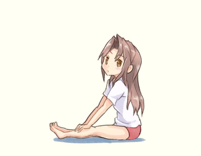 1girl alternate_costume barefoot beige_background brown_eyes brown_hair commentary_request full_body kantai_collection long_hair looking_at_viewer red_shorts saiguchi_otoufu shirt shorts simple_background sitting sleepwear solo t-shirt white_shirt zuihou_(kancolle)