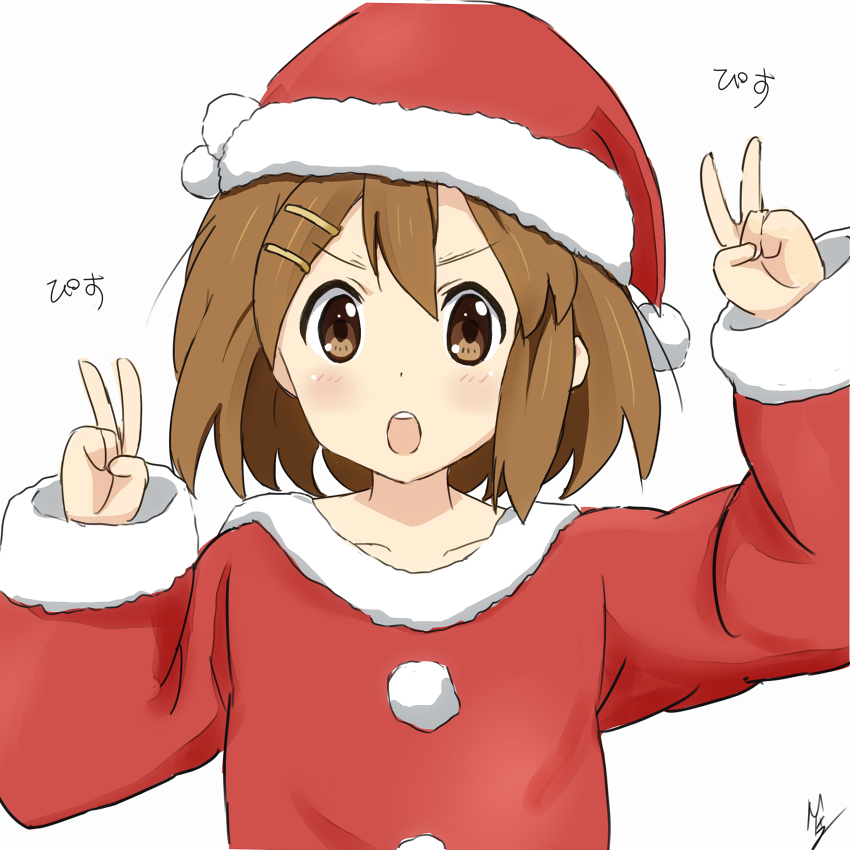 1girl artist_name blush brown_eyes brown_hair christmas collarbone dot_nose double_v feet_out_of_frame female_focus hair_between_eyes hat hirasawa_yui k-on! long_sleeves looking_at_viewer ma2_matsu medium_hair open_mouth santa_costume santa_hat simple_background standing teeth v white_background