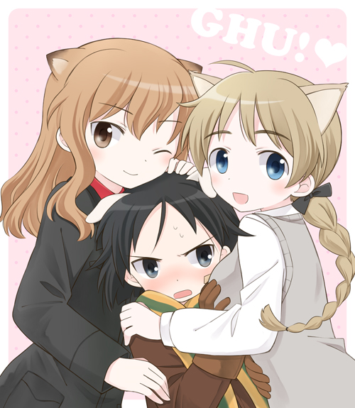 10s 3girls animal_ears bad_id bad_pixiv_id bandaid bandaid_on_face black_hair blue_eyes blush braid brave_witches breasts brown_hair fernandia_malvezzi girl_sandwich gloves grabbing_another&#039;s_breast groping hug kanno_naoe long_hair lynette_bishop military military_uniform multiple_girls one_eye_closed sandwiched scarf short_hair single_braid strike_witches strike_witches:_kurenai_no_majo-tachi striped_clothes striped_scarf tamaki_(209) wink world_witches_series