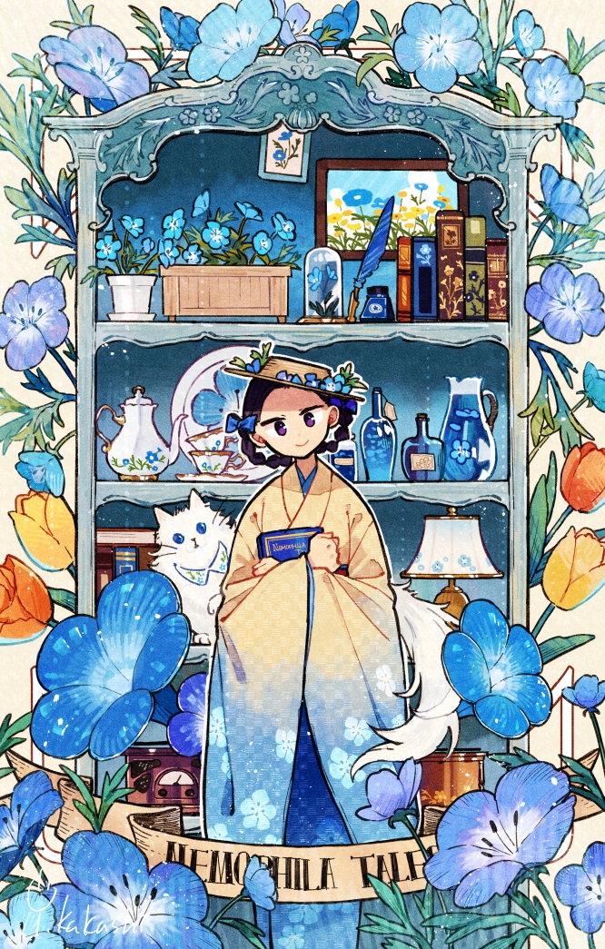 1girl black_hair blue_bow blue_bowtie blue_flower book bow bowtie braid brown_eyes cat closed_mouth cup floral_print flower hat hinata_(echoloveloli) holding holding_book lamp morning_glory morning_glory_print orange_flower original quill radio teacup teapot tulip twin_braids white_cat yellow_flower