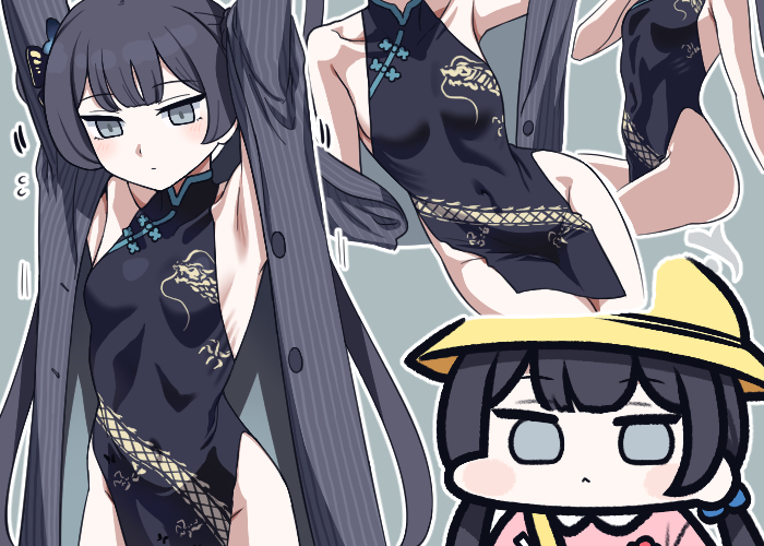 1girl armpits arms_up ass bare_shoulders black_hair blue_archive blue_eyes blunt_bangs blush breasts butterfly_hair_ornament chibi china_dress chinese_clothes collarbone covered_navel dragon_print dress flying_sweatdrops grey_background hair_ornament hat jazz_jack kisaki_(blue_archive) long_hair multiple_views ribs school_hat simple_background sleeveless sleeveless_dress small_breasts twintails