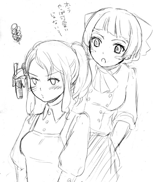 00s 2girls :o apron ascot blush blush_stickers buttons comb earrings greyscale jewelry long_sleeves mamiina_(simoun) monochrome multiple_girls open_mouth pout short_hair simoun simple_background sweatdrop upper_body white_background yun_(simoun)