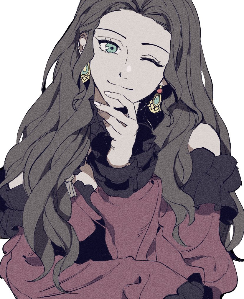 1girl bad_id bad_twitter_id bare_shoulders black_hair breasts closed_mouth commentary_request dorothea_arnault earrings fire_emblem fire_emblem:_three_houses green_eyes hand_on_own_chin hand_up inactive_account jab_(jabducklife) jewelry korean_commentary long_hair long_sleeves looking_at_viewer medium_breasts nintendo one_eye_closed simple_background smile solo upper_body wavy_hair white_background