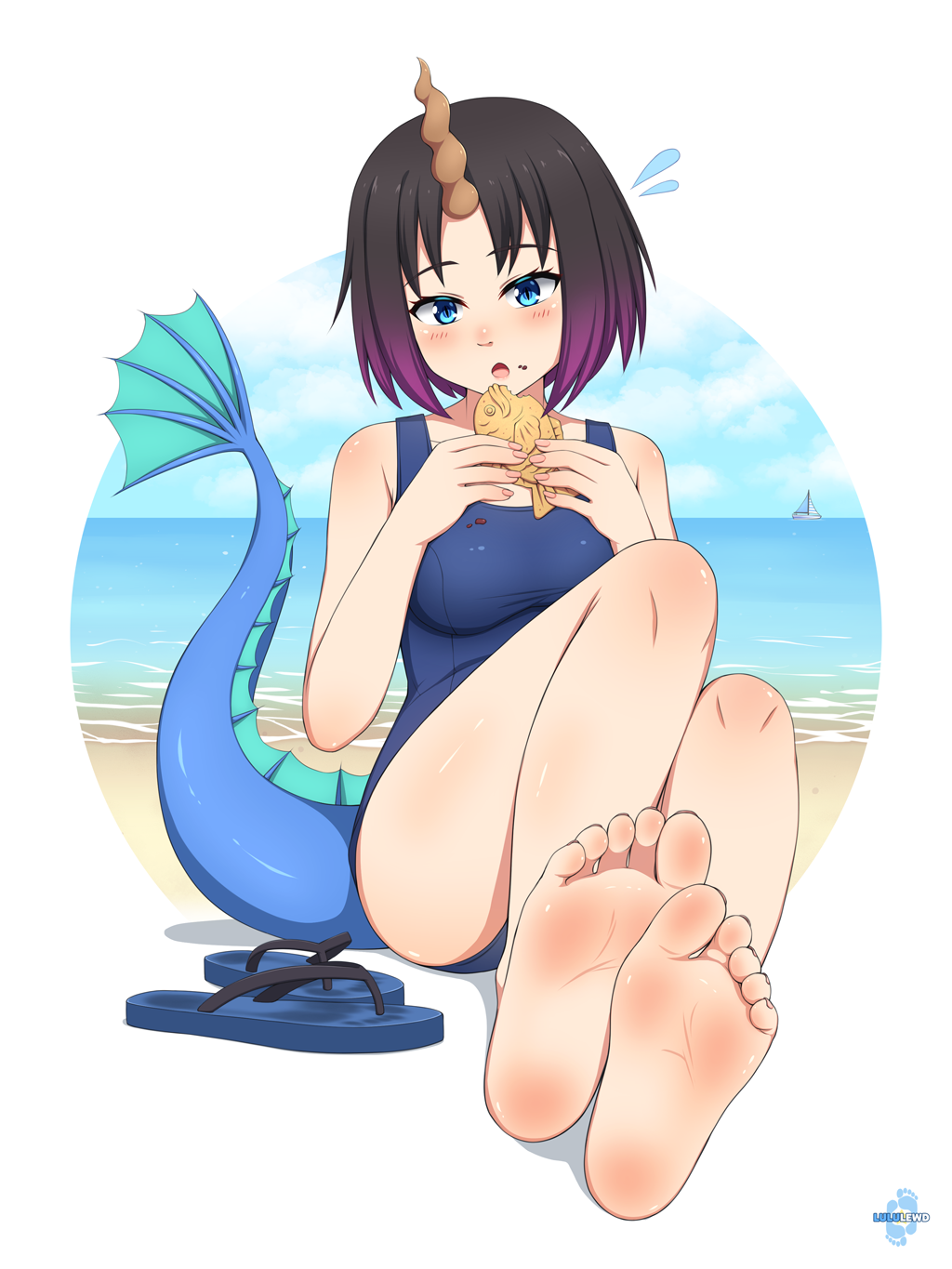 1girl barefoot blue_eyes blue_one-piece_swimsuit blush blush_stickers breasts brown_hair colored_tips crumbs dragon_girl dragon_horns dragon_tail elma_(maidragon) feet flip-flops flying_sweatdrops food food_on_clothes food_on_face foot_focus full_body highres horns kobayashi-san_chi_no_maidragon large_breasts looking_at_viewer lululewd multicolored_hair one-piece_swimsuit open_mouth sandals short_hair single_horn soles solo swimsuit tail taiyaki toes wagashi