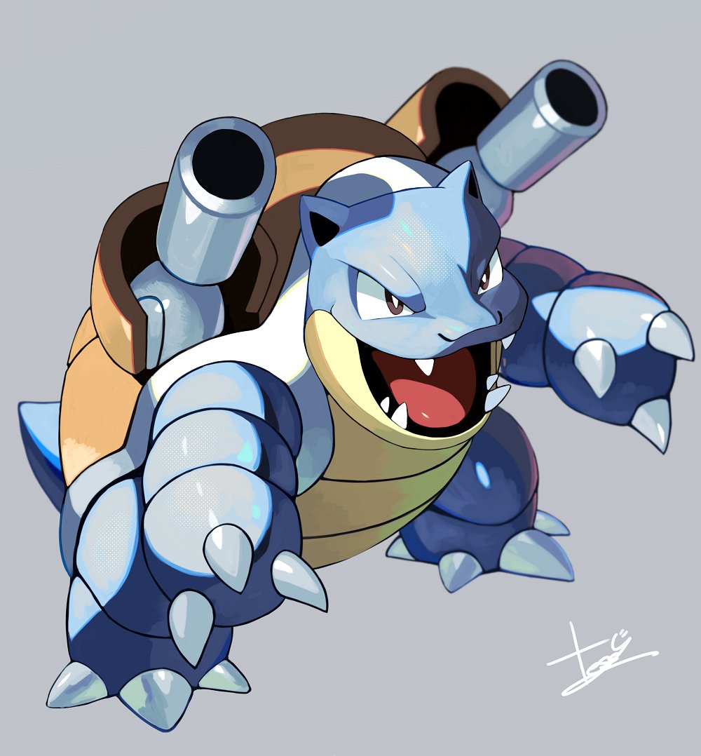 animal_focus black_eyes blastoise cannon claws creatures_(company) fangs full_body game_freak gen_1_pokemon looking_afar nintendo no_humans open_mouth pokemon pokemon_(creature) sign simple_background solo standing tesshii_(riza4828) tongue