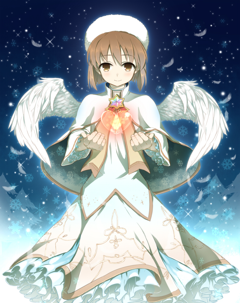 1girl angel_wings blush bob_cut brown_eyes brown_hair dress feathers female_focus hagiwara_yukiho hat heart idolmaster idolmaster_(classic) looking_at_viewer minatsuki_randoseru short_hair smile snow snowflakes solo wings