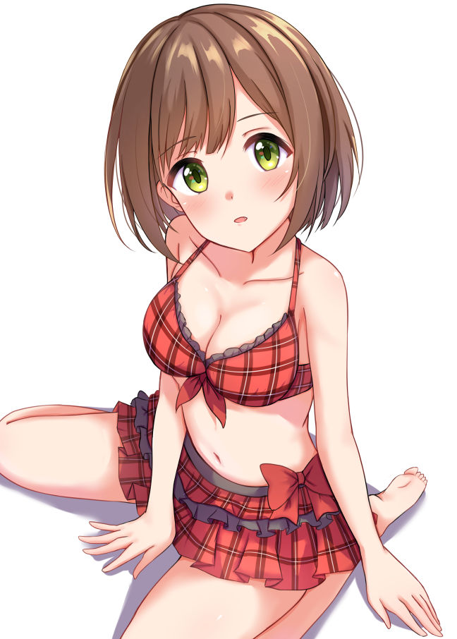 1girl :o bare_arms bare_legs barefoot bikini bikini_skirt blush bow bow_bikini breasts brown_hair cleavage collarbone female_focus frill_trim frills green_eyes idolmaster idolmaster_cinderella_girls idolmaster_cinderella_girls_starlight_stage looking_at_viewer maekawa_miku medium_breasts namidako navel open_mouth plaid_bikini plaid_clothes red_bikini seiza short_hair simple_background sitting solo swimsuit white_background