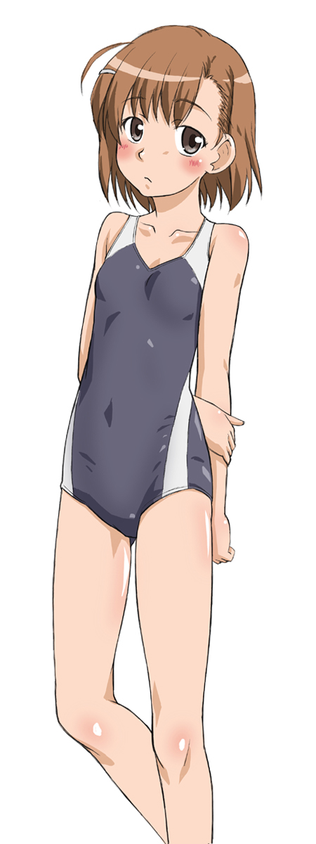 10s 1girl 2014 arm_behind_back bare_legs bare_shoulders blush breasts brown_eyes brown_hair collarbone competition_school_swimsuit competition_swimsuit feet_out_of_frame gluteal_fold hair_ornament hairclip highres looking_at_viewer matching_hair/eyes misaka_mikoto one-piece_swimsuit princess_knight_club school_swimsuit short_hair small_breasts solo standing swimsuit toaru_kagaku_no_railgun toaru_majutsu_no_index tokiwadai_school_swimsuit white_background