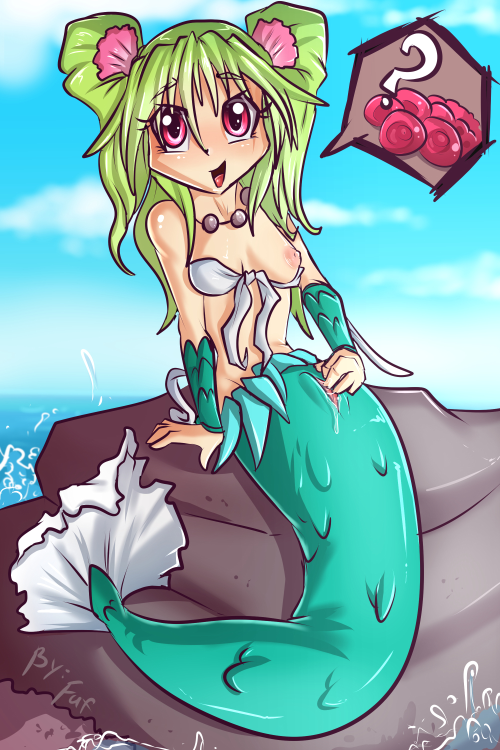 1girl breasts egg female_focus fins fish_tail fuf green_hair green_scales highres jewelry mermaid monster_girl muromi-san namiuchigiwa_no_muromi-san necklace ocean pussy pussy_juice red_eyes rock shell small_breasts spread_pussy tail uncensored water