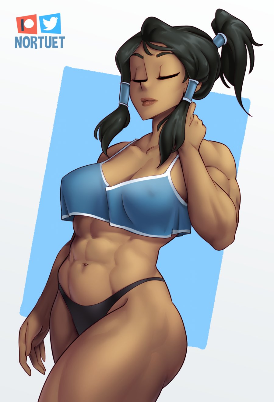 1girl abs avatar:_the_last_airbender avatar_legends black_hair black_panties breasts closed_eyes crop_top dark-skinned_female dark_skin hand_on_neck highres korra lips loose_clothes loose_shirt muscular muscular_female navel nortuet panties ponytail shirt simple_background solo tank_top the_legend_of_korra underwear