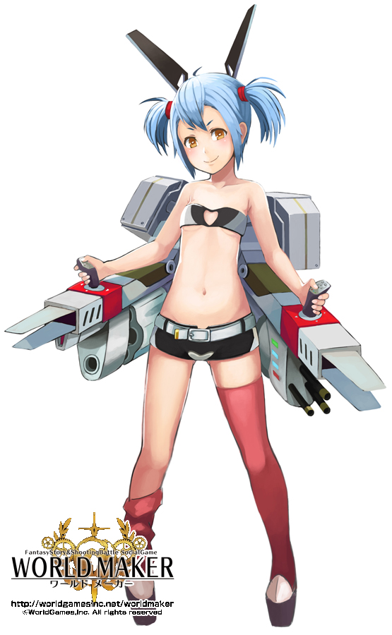 1girl bad_id bad_pixiv_id blue_hair breasts brown_eyes elrowa female_focus full_body looking_at_viewer machinery navel official_art original small_breasts smile solo standing thighhighs twintails underboob world_maker