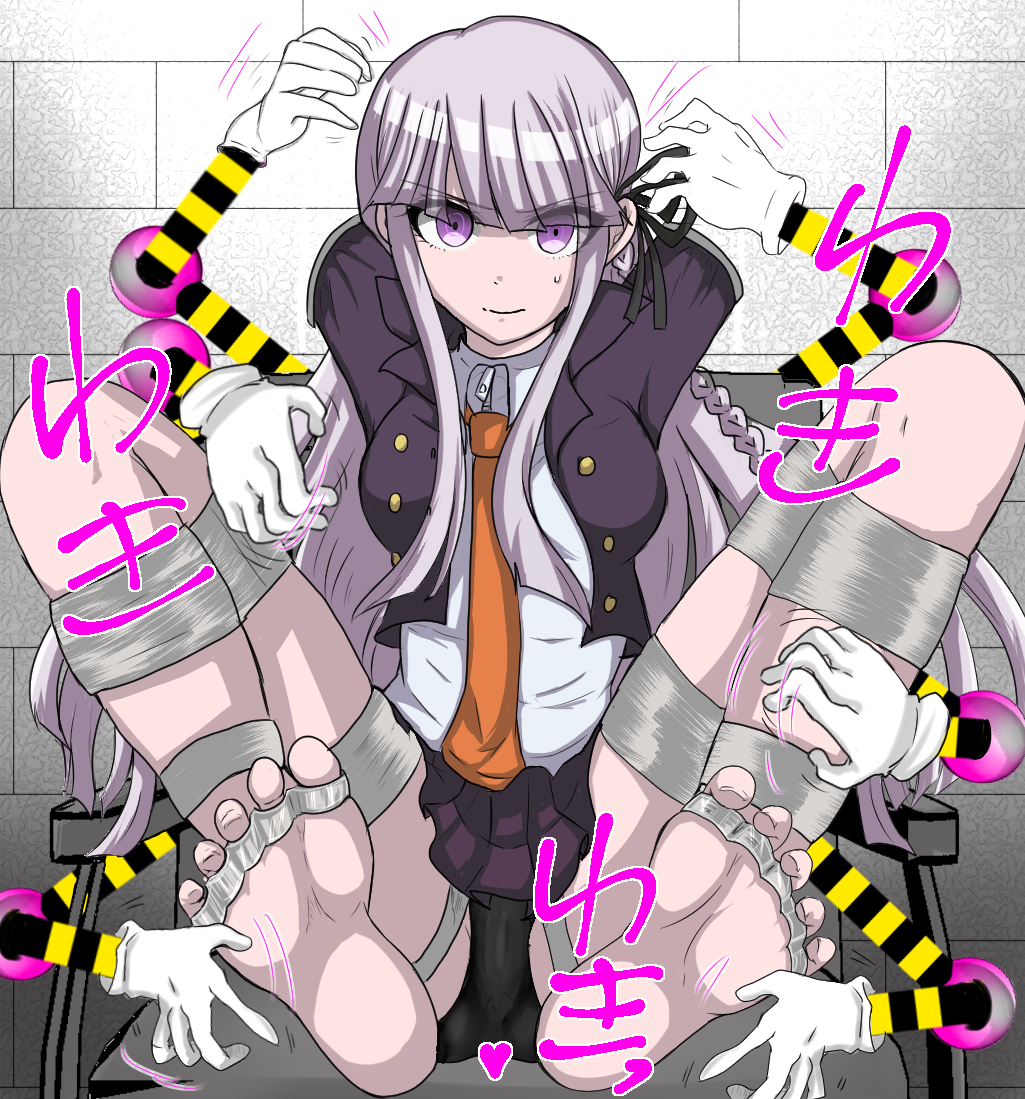 1girl arms_up artist_request bdsm black_panties black_ribbon bondage bound bound_legs bound_toes braid breasts chair danganronpa:_trigger_happy_havoc danganronpa_(series) eyes_visible_through_hair feet female_focus tickling_feet full_body grabber_tool hair_ornament hair_ribbon heart indoors jacket kirigiri_kyoko light_purple_hair long_hair looking_at_viewer medium_breasts necktie orange_neckwear panties pleated_skirt purple_eyes purple_jacket purple_skirt ribbon shirt sitting skirt smile solo spread_legs sweat tape text_focus tickling toes translation_request underwear upskirt white_shirt