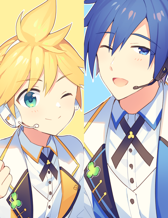 2boys aqua_eyes blonde_hair blue_eyes blue_hair clover column_lineup commentary formal_clothes headphones headset jacket kagamine_len kaito_(vocaloid) looking_at_viewer male_focus more_more_jump!_kaito more_more_jump!_len multiple_boys one_eye_closed open_mouth shirt sinaooo smile spiked_hair suit symbol-only_commentary upper_body vest vocaloid white_jacket white_shirt white_suit white_vest