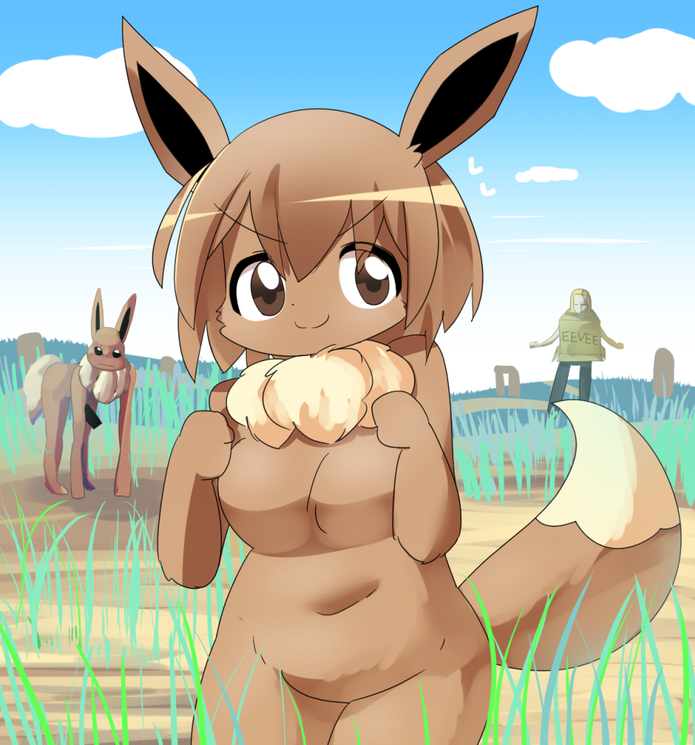 1boy 1girl animal_ears blonde_hair blue_sky breasts brown_eyes brown_hair cardboard_box_gundam clenched_hands closed_mouth cloud commentary_request cowboy_shot creatures_(company) dark_skin day eevee furrification furry game_freak gen_1_pokemon grass lets0020 looking_at_viewer medium_breasts navel nintendo outdoors pokemon short_hair sky smile v-shaped_eyebrows