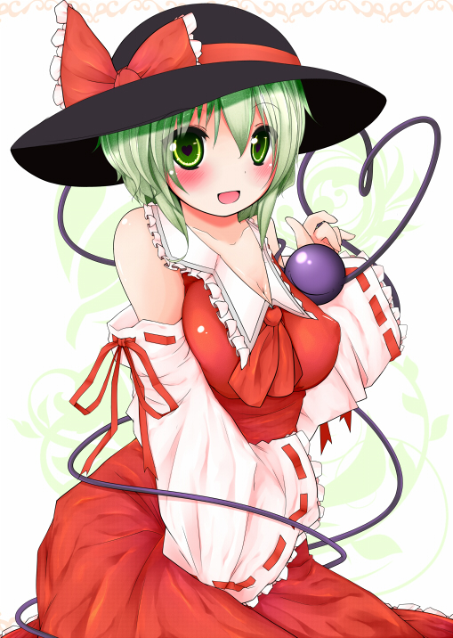 1girl ascot bakko blush breasts cleavage collarbone cosplay detached_sleeves female_focus green_eyes green_hair hakurei_reimu hakurei_reimu_(cosplay) hand_on_lap hat hat_ribbon heart heart-shaped_pupils heart_of_string komeiji_koishi looking_at_viewer matching_hair/eyes open_mouth ribbon short_hair solo symbol-shaped_pupils third_eye touhou white_background