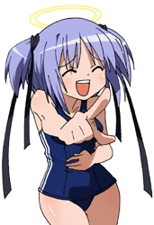 1girl :d ^_^ bad_source bare_arms bare_shoulders black_ribbon blue_hair blue_one-piece_swimsuit bokusatsu_tenshi_dokuro-chan closed_eyes commentary_request cowboy_shot furrowed_brow hair_ribbon halo hand_on_own_stomach laughing lowres maso_(ascii_art) mitsukai_dokuro one-piece_swimsuit open_mouth pointing ribbon school_swimsuit short_hair simple_background smile solo swimsuit teeth traditional_halo two_side_up upper_teeth_only white_background