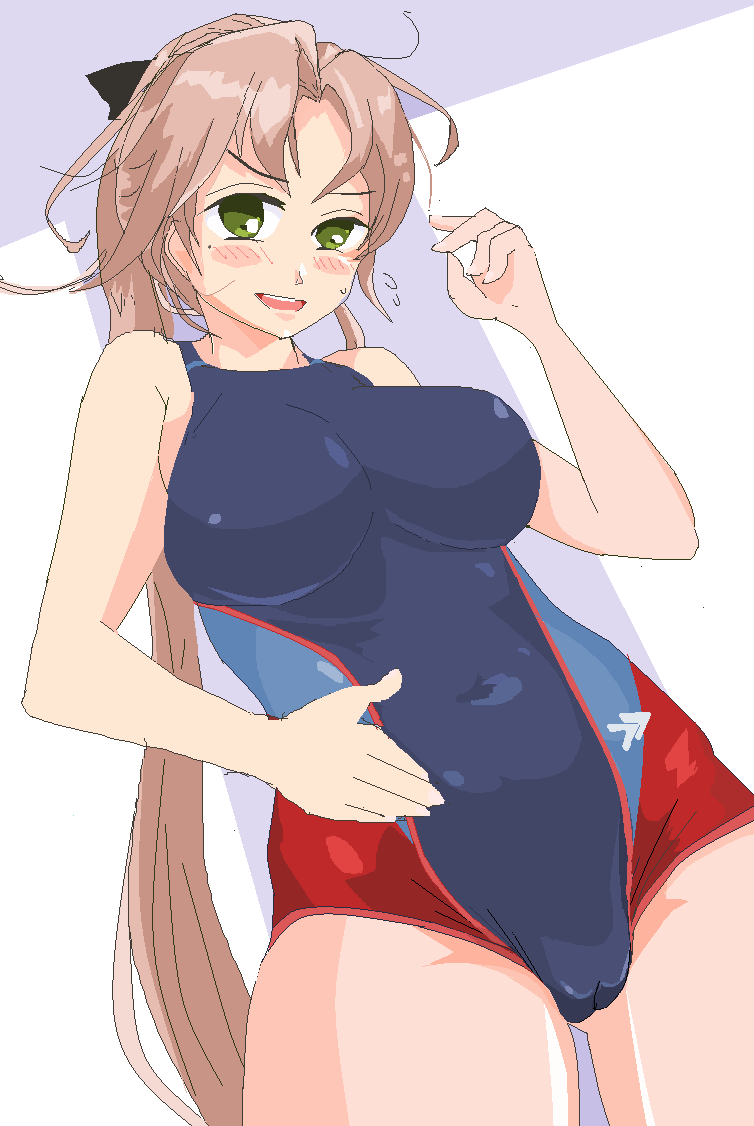 1girl akigumo_(kancolle) alternate_costume blue_one-piece_swimsuit breasts brown_hair cowboy_shot green_eyes gyoruu kantai_collection large_breasts long_hair looking_at_viewer multicolored_clothes multicolored_swimsuit one-piece_swimsuit ponytail solo swimsuit