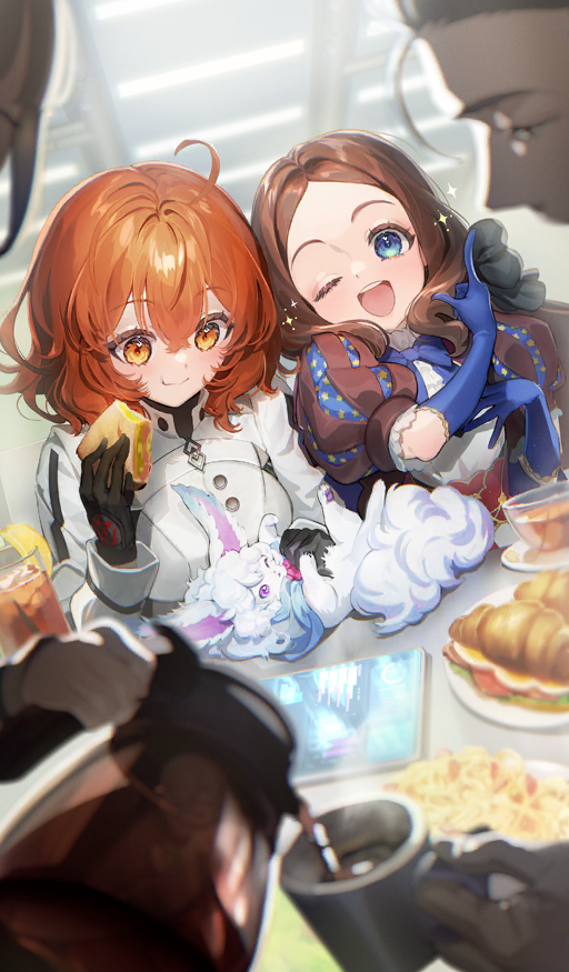 1boy 3girls ahoge animal black_bow black_gloves blue_eyes blue_gloves blush bow breasts brown_dress brown_hair coffee coffee_mug coffee_pot cup dress eating elbow_gloves fate/grand_order fate_(series) food forehead fou_(fate) fujimaru_ritsuka_(female) fujimaru_ritsuka_(female)_(decisive_battle_chaldea_uniform) galibo gloves hair_bow jacket leonardo_da_vinci_(fate) leonardo_da_vinci_(fate/grand_order) leonardo_da_vinci_(rider)_(fate) leonardo_da_vinci_(rider)_(first_ascension)_(fate) long_hair long_sleeves medium_breasts mug multiple_girls official_art one_eye_closed open_mouth orange_eyes orange_hair parted_bangs plate ponytail puff_and_slash_sleeves puffy_short_sleeves puffy_sleeves red_skirt sherlock_holmes_(fate) short_hair short_sleeves skirt small_breasts smile sparkle table white_jacket