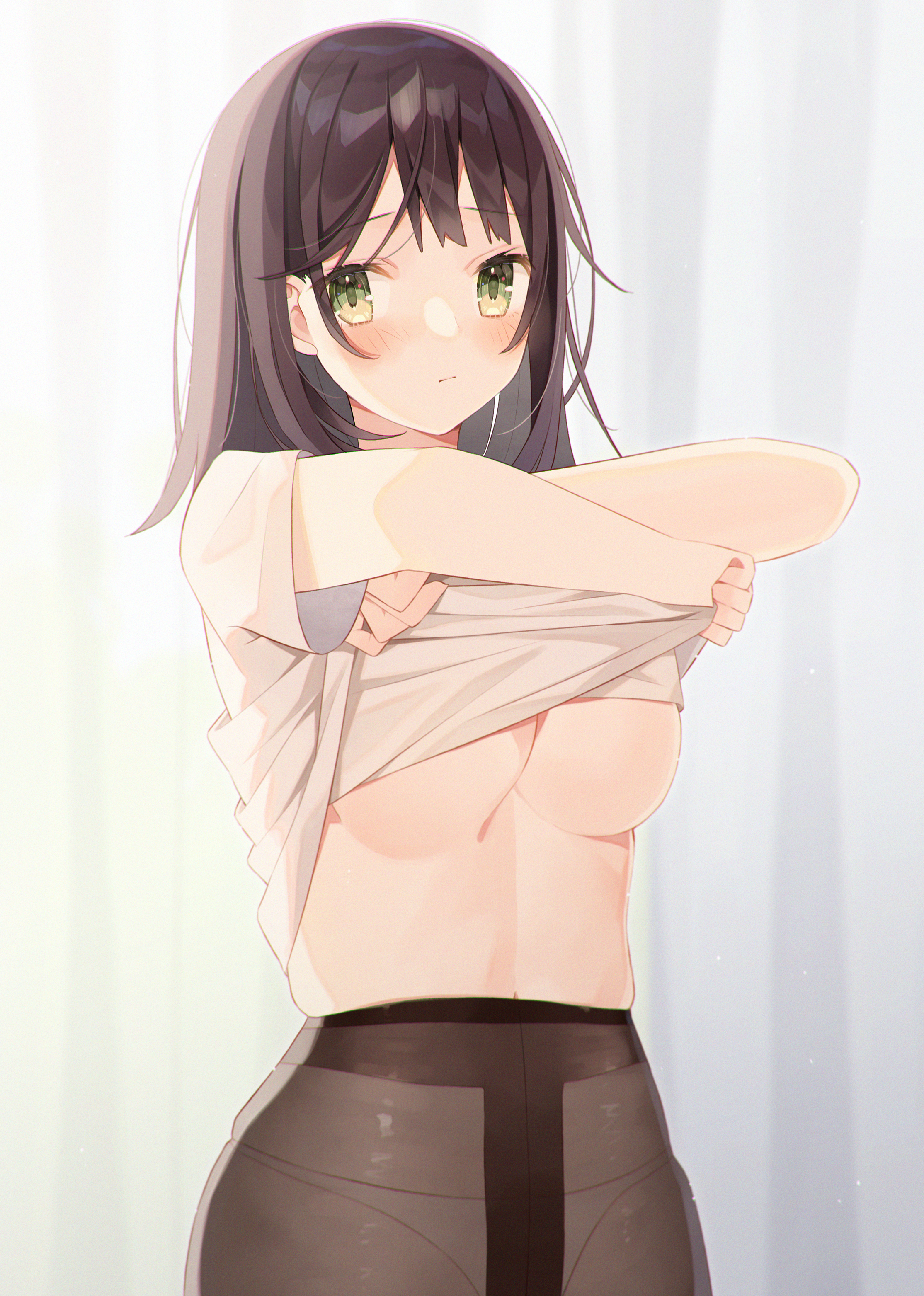 minasenagi, original, absurdres, commentary request, highres, 1girl, black  hair, blush, breasts, brown pantyhose, closed mouth, clothes lift, green  eyes, indoors, lifted by self, looking at viewer, medium breasts, navel, no  pants, panties,