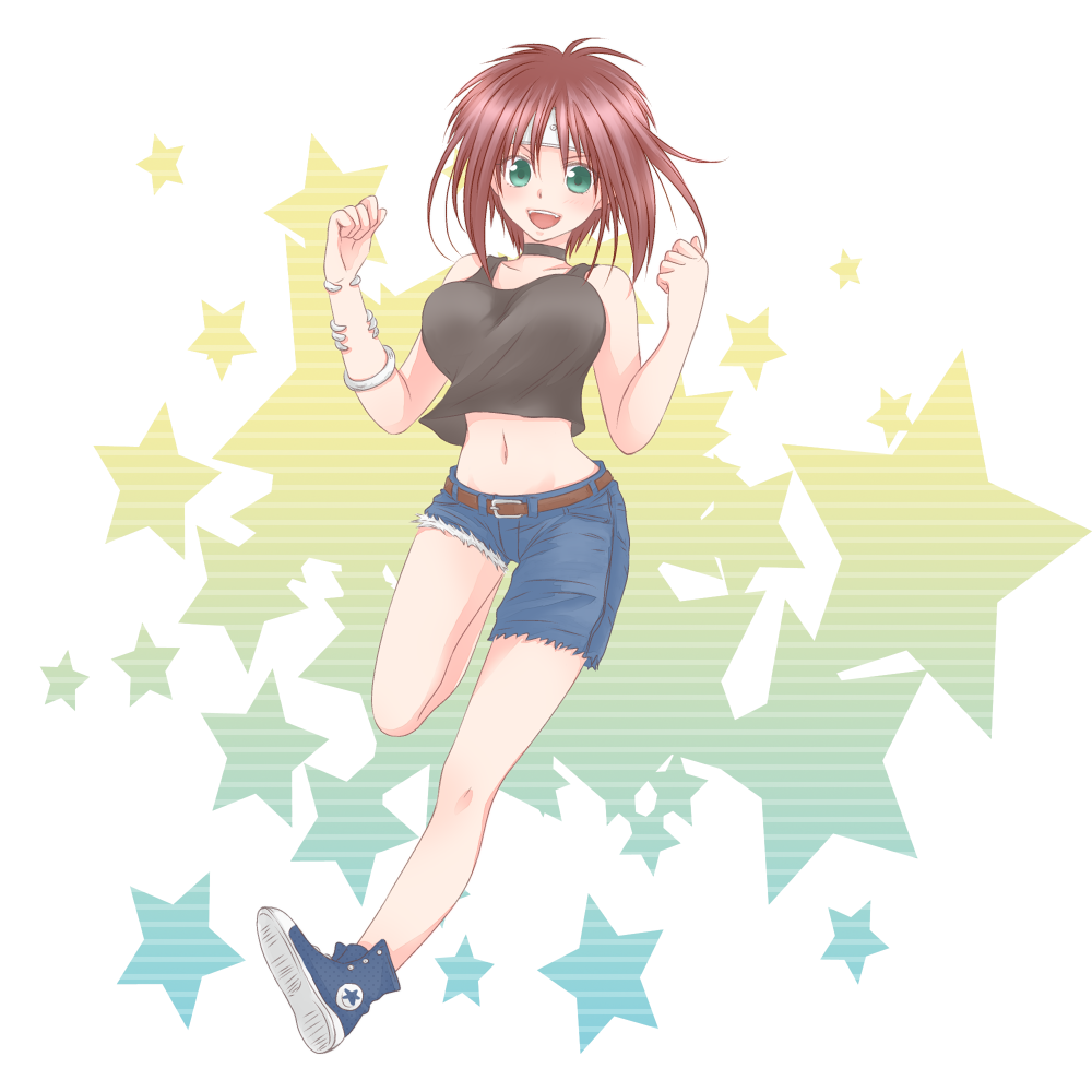 1girl akito_md belt breasts brown_hair camisole converse denim denim_shorts female_focus green_eyes headband jumping kirisawa_fuuko looking_at_viewer midriff navel open_mouth rekka_no_honoo shoes short_hair shorts smile sneakers solo star_(symbol) star_symbol_background