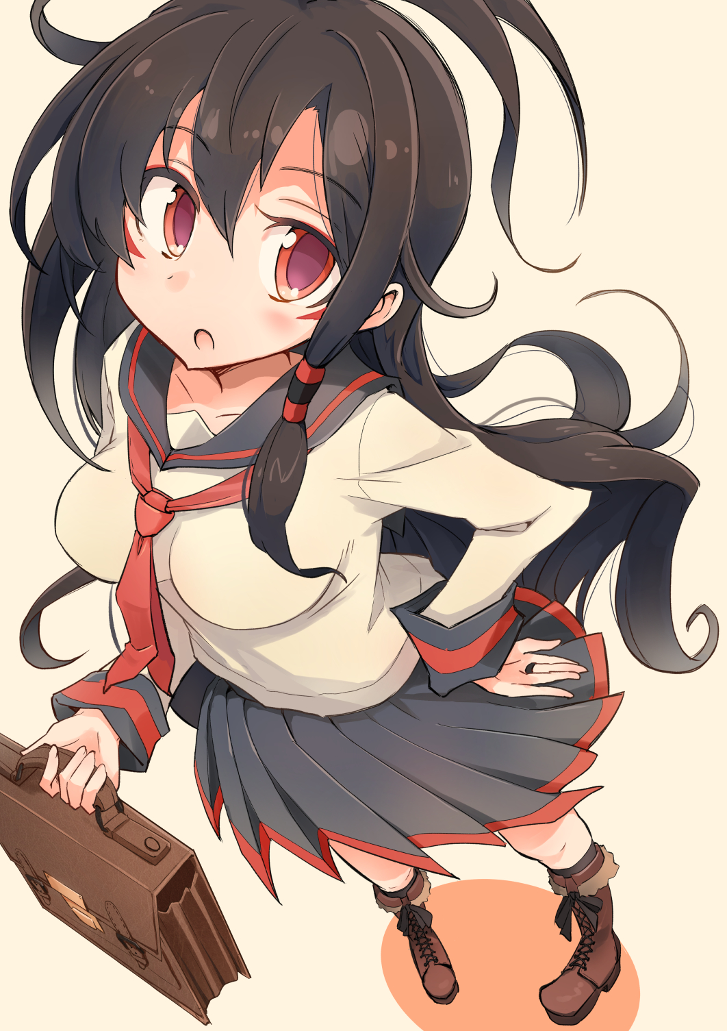 1girl ahoge bag black_hair boots breasts female_focus highres long_hair long_sleeves messy_hair necktie open_mouth original pleated_skirt red_eyes school_uniform senhappyaku serafuku skirt solo