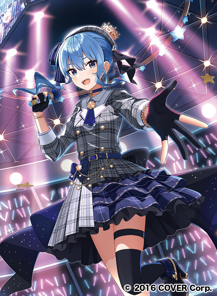 1girl beret black_gloves blue_eyes blue_hair choker crown gloves glowstick grey_hat hair_between_eyes hat holding holding_microphone hololive hoshimachi_suisei hoshimachi_suisei_(1st_costume) long_hair looking_at_viewer microphone misuzu0342 official_art open_mouth outstretched_hand partially_fingerless_gloves plaid_clothes ribbon side_ponytail solo stage stage_lights star_(symbol) virtual_youtuber