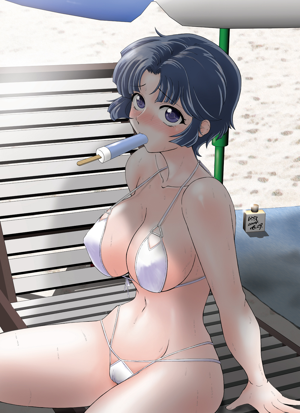 1girl bare_shoulders beach bikini blue_hair blush breasts cameltoe chair cleavage collarbone day eating food food_in_mouth groin highres kusuha_mizuha large_breasts looking_at_viewer lotion lounge_chair navel outdoors parasol popsicle popsicle_in_mouth purple_eyes short_hair sitting solo stomach sunscreen super_robot_wars super_robot_wars_original_generation swimsuit thighs umbrella white_bikini