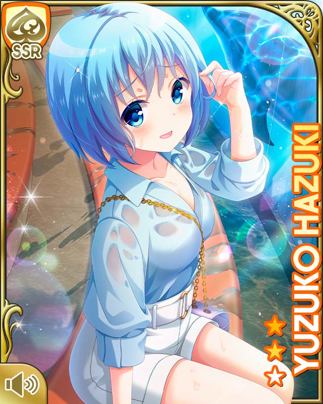 1girl aquarium blue_eyes blue_hair blue_shirt card character_name day denim denim_shorts girlfriend_(kari) hazuki_yuzuko indoors official_art open_mouth qp:flapper shirt short_hair shorts sitting smile solo tagme wet wet_clothes wet_hair white_shorts