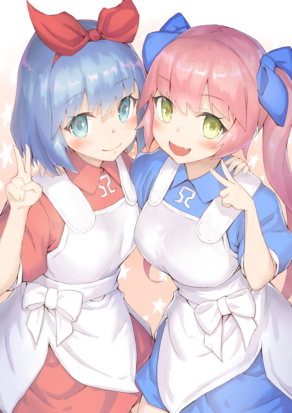 2girls :d apron blue_bow blue_dress blue_eyes blue_hair blush bow breasts closed_mouth collared_dress commentary_request copyright_request dress fang fingernails green_eyes hair_between_eyes hair_bow hair_ribbon hand_on_another&#039;s_shoulder highres jonsun long_hair maid_apron medium_breasts multiple_girls omega_ray omega_rio omega_sisters open_mouth pink_hair puffy_short_sleeves puffy_sleeves red_dress red_ribbon ribbon short_hair short_sleeves smile twintails v very_long_hair virtual_youtuber white_apron