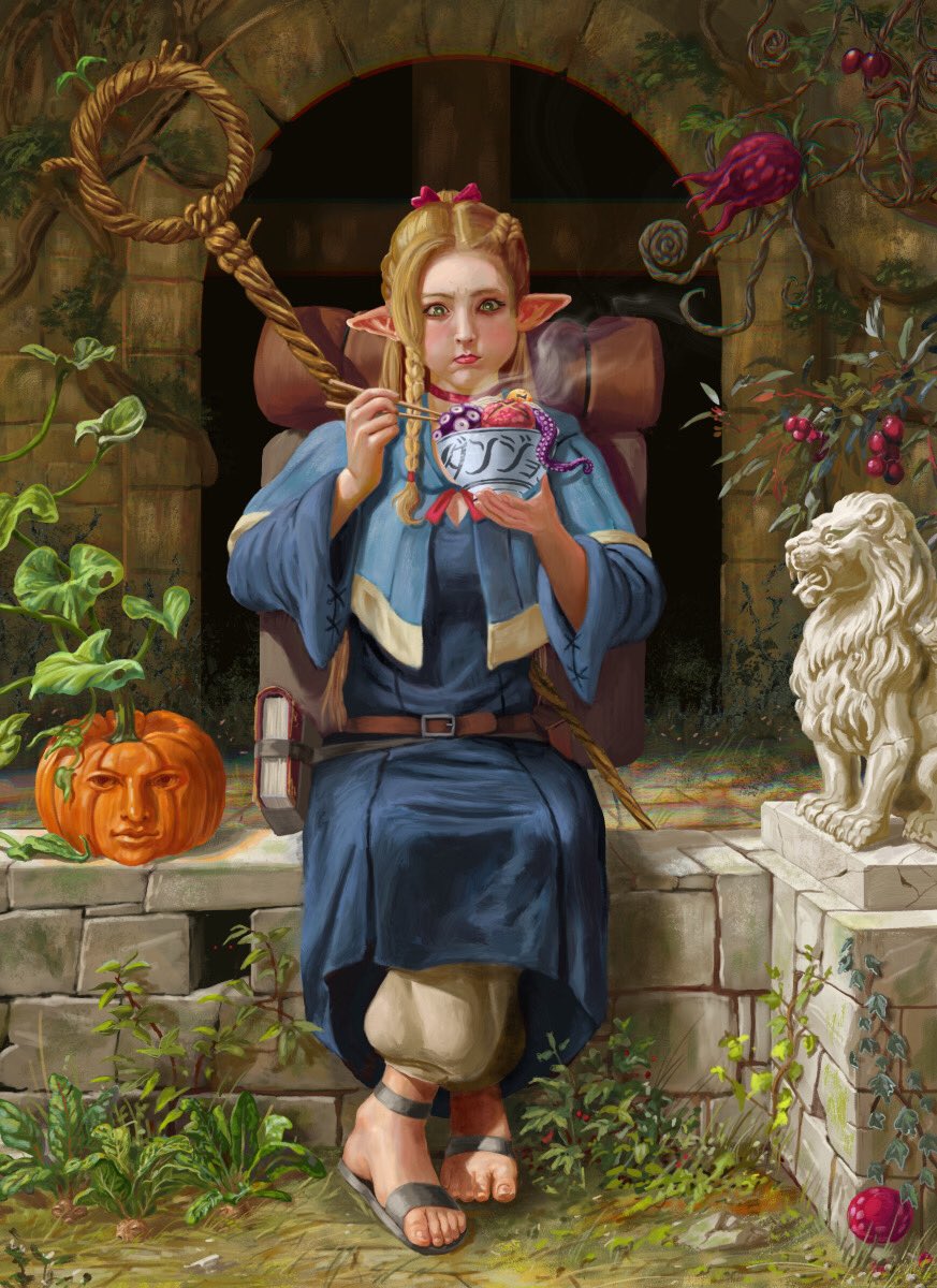 1girl adrian_ibarra_lugo ambrosia_(dungeon_meshi) backpack bag blonde_hair blue_capelet blue_robe bowl capelet chopsticks commentary dryad_fruit_(dungeon_meshi) dungeon_meshi elf english_commentary highres holding holding_bowl holding_chopsticks leaf lion marcille_donato plant pointy_ears pumpkin robe sandals sitting solo statue stone_wall tentacles vines